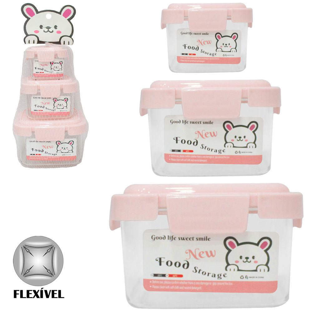 CONJUNTO DE POTE DE PLASTICO PET FLEXIVEL QUADRADO COM TAMPA HERMETICA E TRAVA 3 PECAS 380 / 160 / 75ML NA REDE
