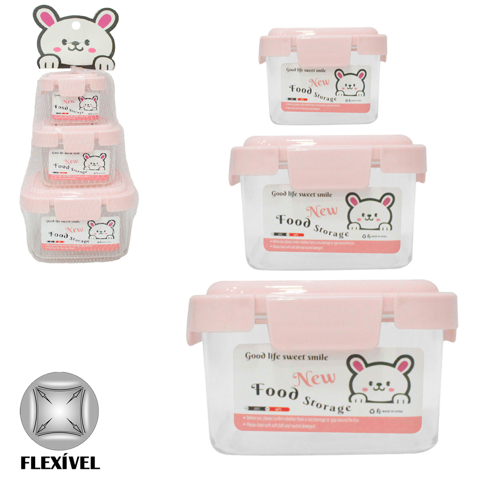 CONJUNTO DE POTE DE PLASTICO PET FLEXIVEL RETANGULAR COM TAMPA HERMETICA E TRAVA 3 PECAS 350 / 150 / 50ML NA REDE