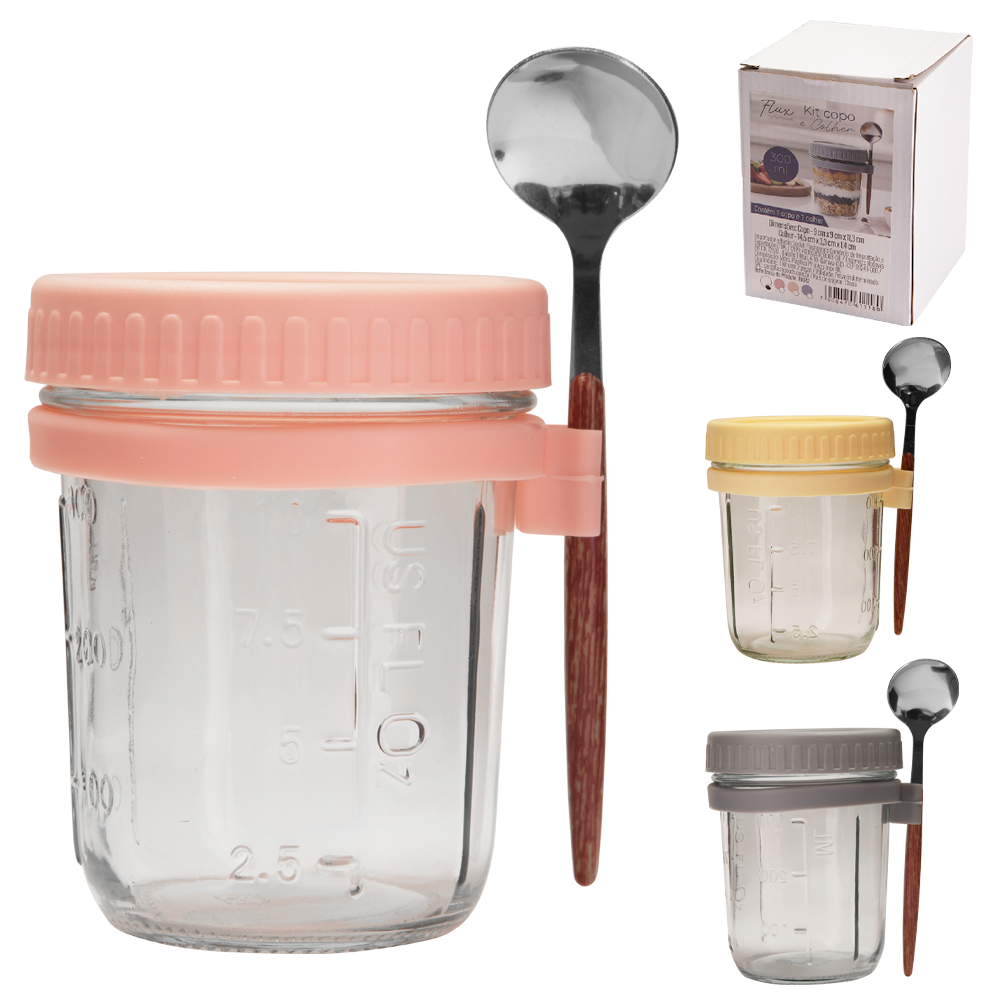 COPO POTE DE VIDRO REDONDO GRADUADO COM ALCA + COLHER DE INOX CABO PLASTICO TIPO MADEIRA E TAMPA FLUX 300ML