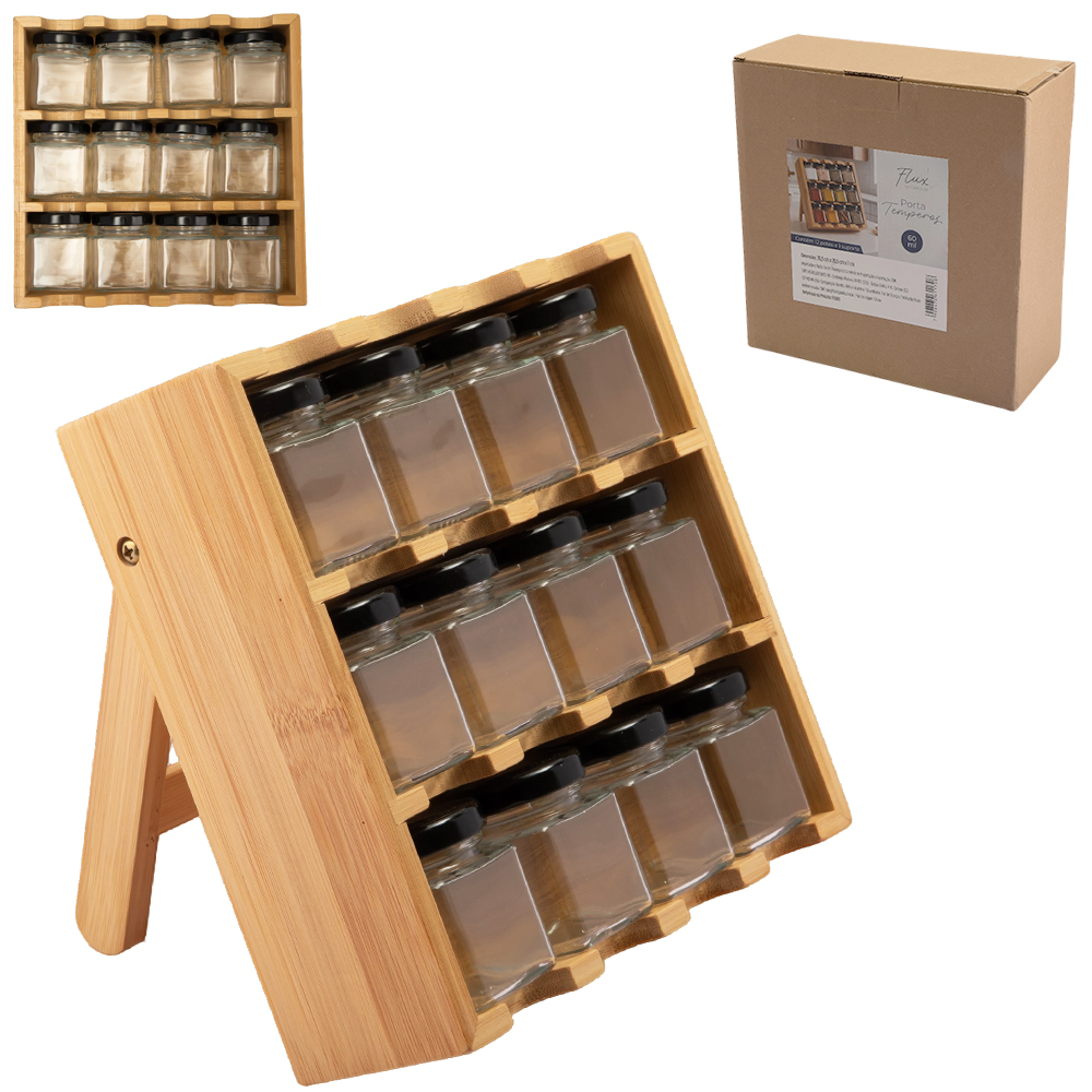 PORTA CONDIMENTO DE VIDRO COM 12 PECAS 60ML + TAMPA DE METAL E SUPORTE DE BAMBU FLUX 20,5X20,5X7CM