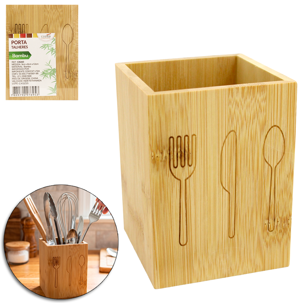 PORTA TALHER / ESCORREDOR DE TALHER DE BAMBU QUADRADO 12X9CM