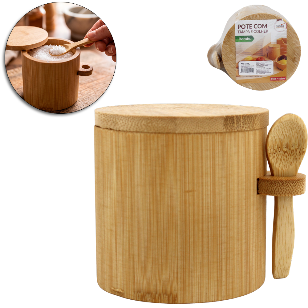 POTE DE BAMBU REDONDO COM ALCA + TAMPA E COLHER 340ML