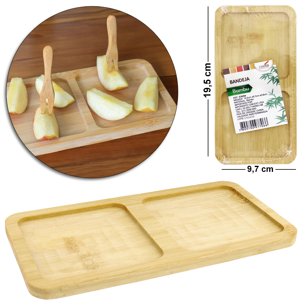 BANDEJA PETISQUEIRA DE BAMBU RETANGULAR COM 2 DIVISORIAS 19,5X9,7CM