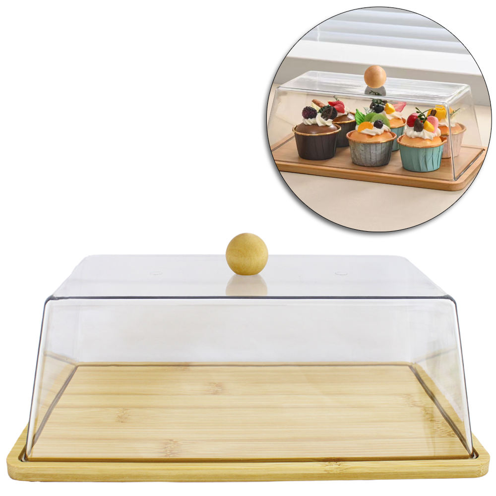 BANDEJA DE BAMBU RETANGULAR COM TAMPA DE PLASTICO PET FLEXIVEL 30X17X12,5CM