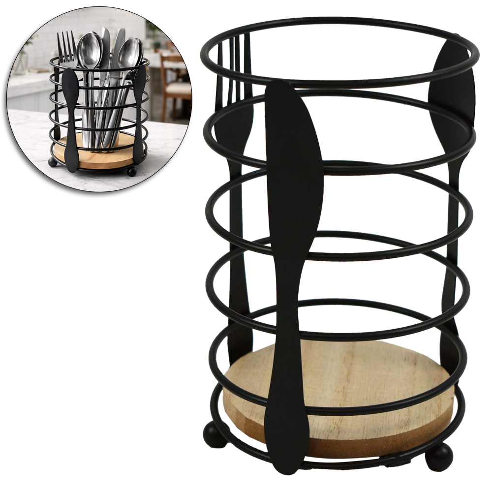 PORTA TALHER / ESCORREDOR DE TALHER ARAMADO / MADEIRA MDF REDONDO TALHERES BLACK 16X10,5CM DE Ø