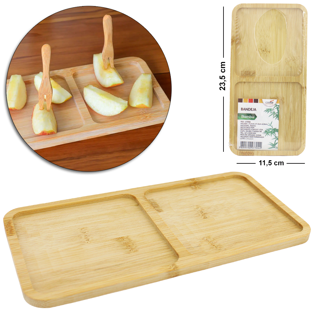 BANDEJA PETISQUEIRA DE BAMBU RETANGULAR COM 2 DIVISORIAS 23,5X11,5CM