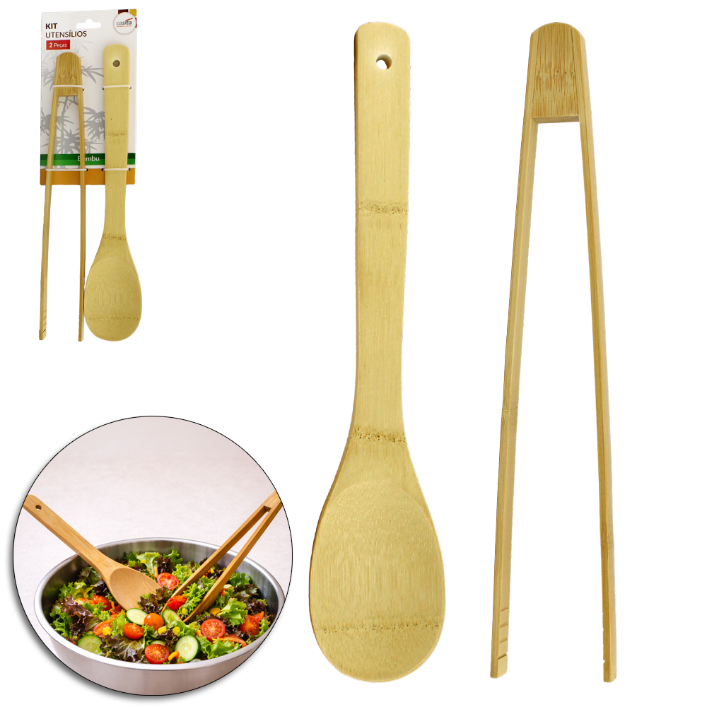 KIT COM COLHER + PINCA PEGADOR DE BAMBU