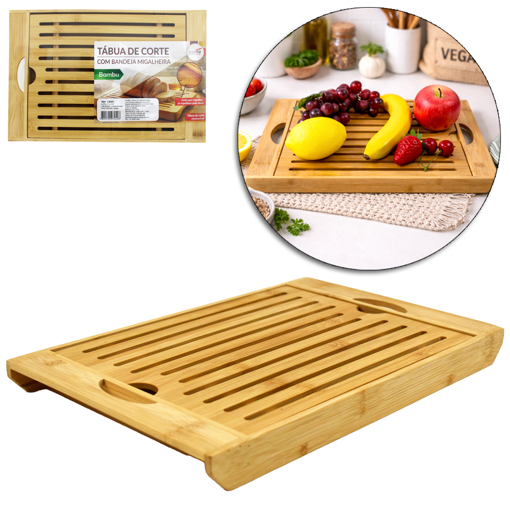 TABUA DE CORTE COM BANDEJA MIGALHEIRA DE MADEIRA / BAMBU PARA PAO RETANGULAR