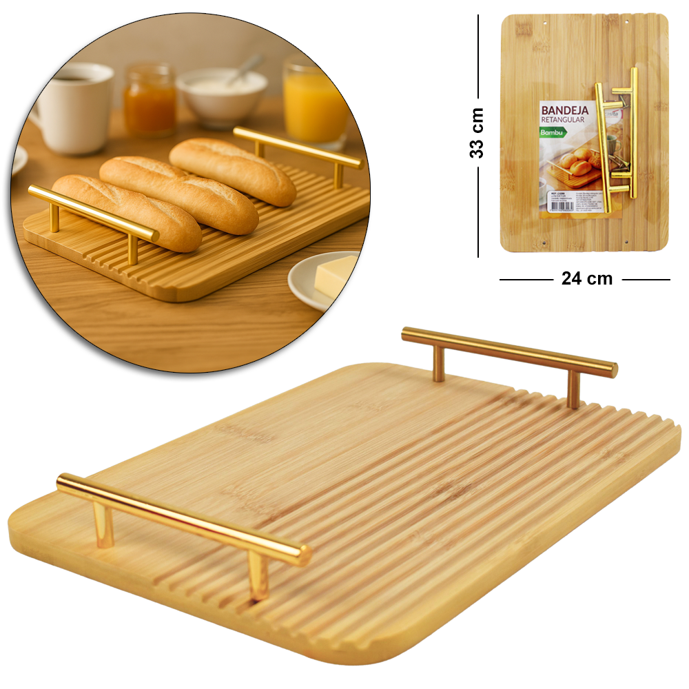 BANDEJA PETISQUEIRA DE BAMBU RETANGULAR COM ALCA DE PLASTICO DOURADO 33X24X4CM