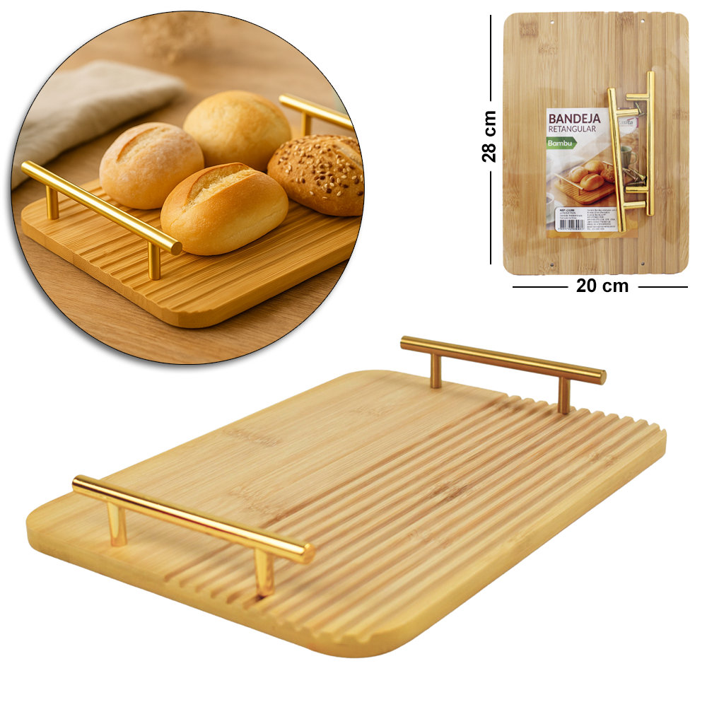 BANDEJA PETISQUEIRA DE BAMBU RETANGULAR COM ALCA DE PLASTICO DOURADO 28X20X4CM