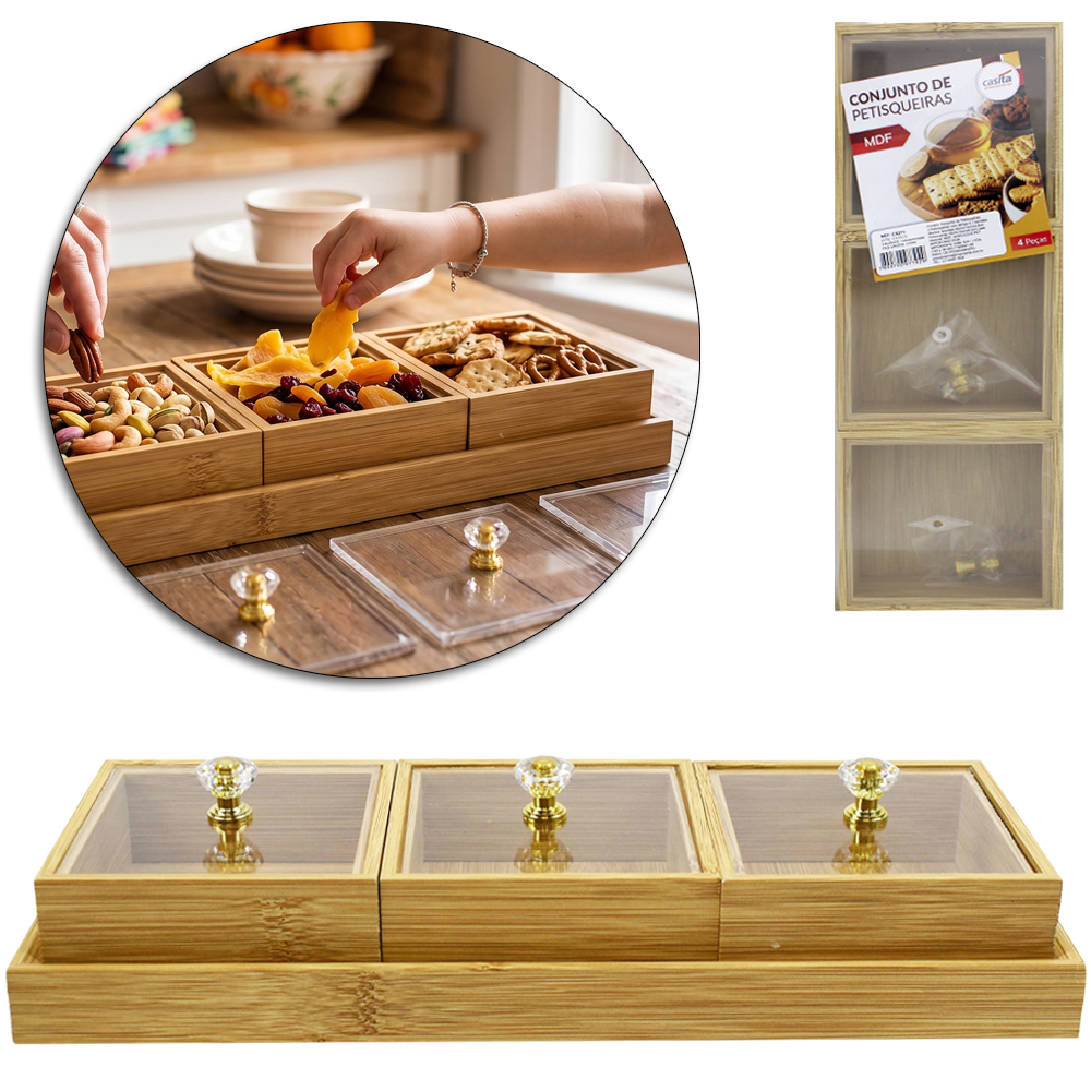 CONJUNTO PETISQUEIRA DE MADEIRA MDF COM 3 PECAS + BANDEJA E TAMPA DE PLASTICO PET