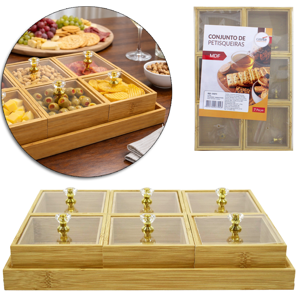 CONJUNTO PETISQUEIRA DE MADEIRA MDF COM 6 PECAS + BANDEJA E TAMPA DE PLASTICO PET