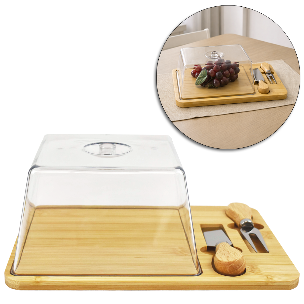 CONJUNTO PARA QUEIJO E FRIOS COM FACA + GARFO DE INOX + TABUA BAMBU E TAMPA PLASTICO PET FLEXIVEL 28X20X10CM