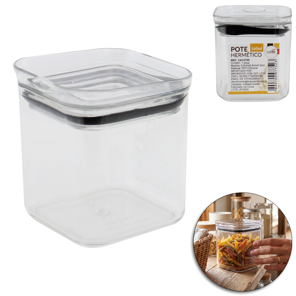 POTE DE PLASTICO PET FLEXIVEL QUADRADO EMPILHAVEL COM TAMPA HERMETICA 160ML
