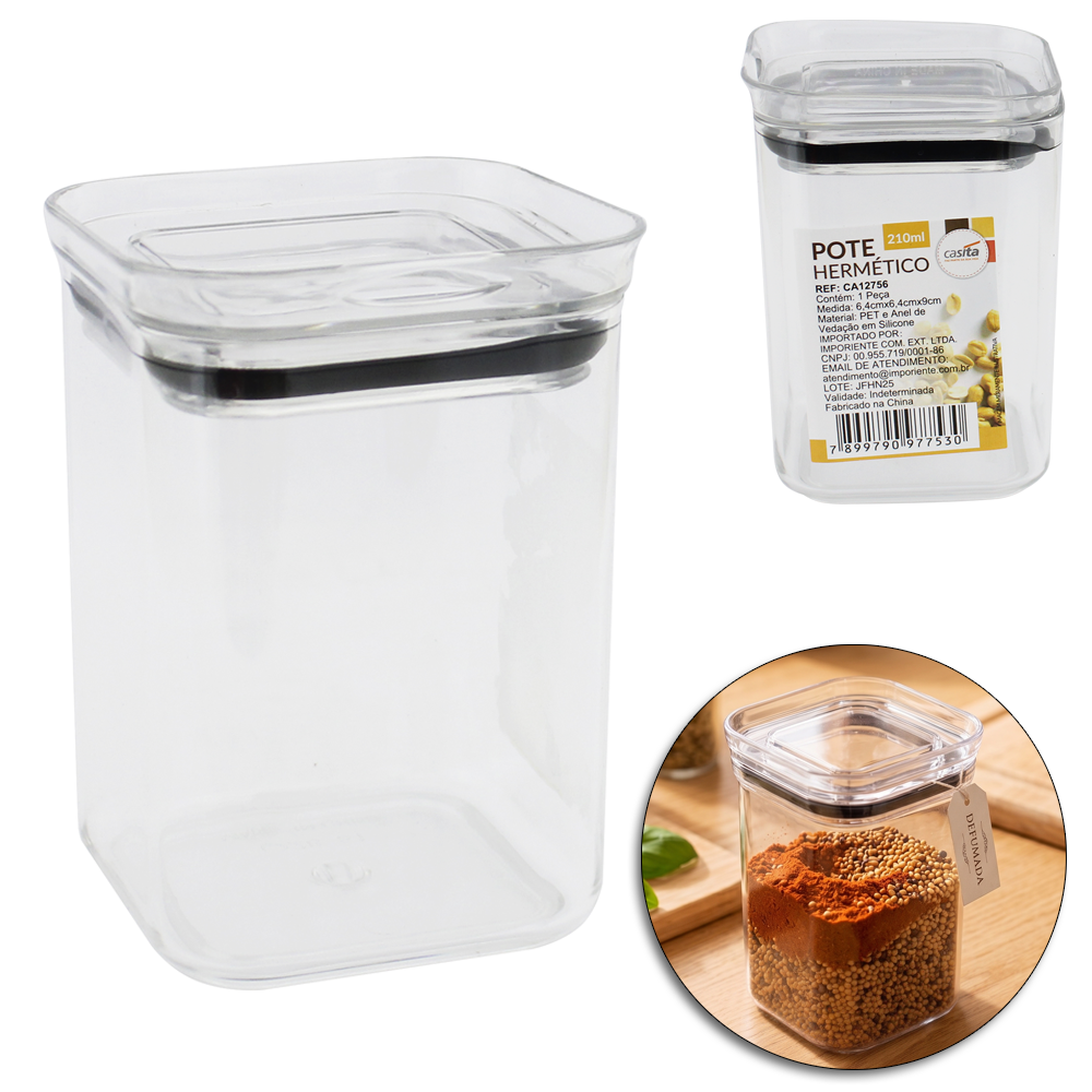 POTE DE PLASTICO PET FLEXIVEL QUADRADO EMPILHAVEL COM TAMPA HERMETICA 210ML