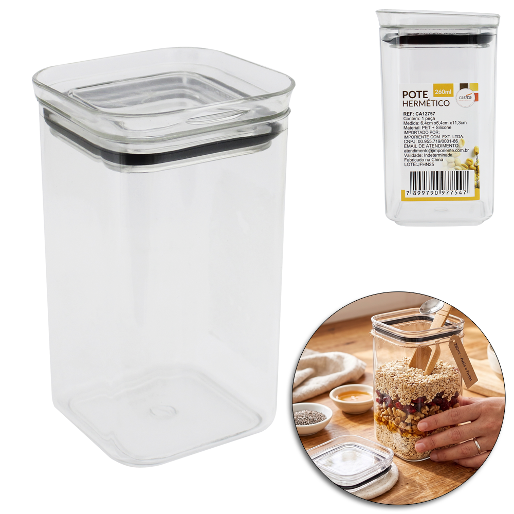 POTE DE PLASTICO PET FLEXIVEL QUADRADO EMPILHAVEL COM TAMPA HERMETICA 260ML