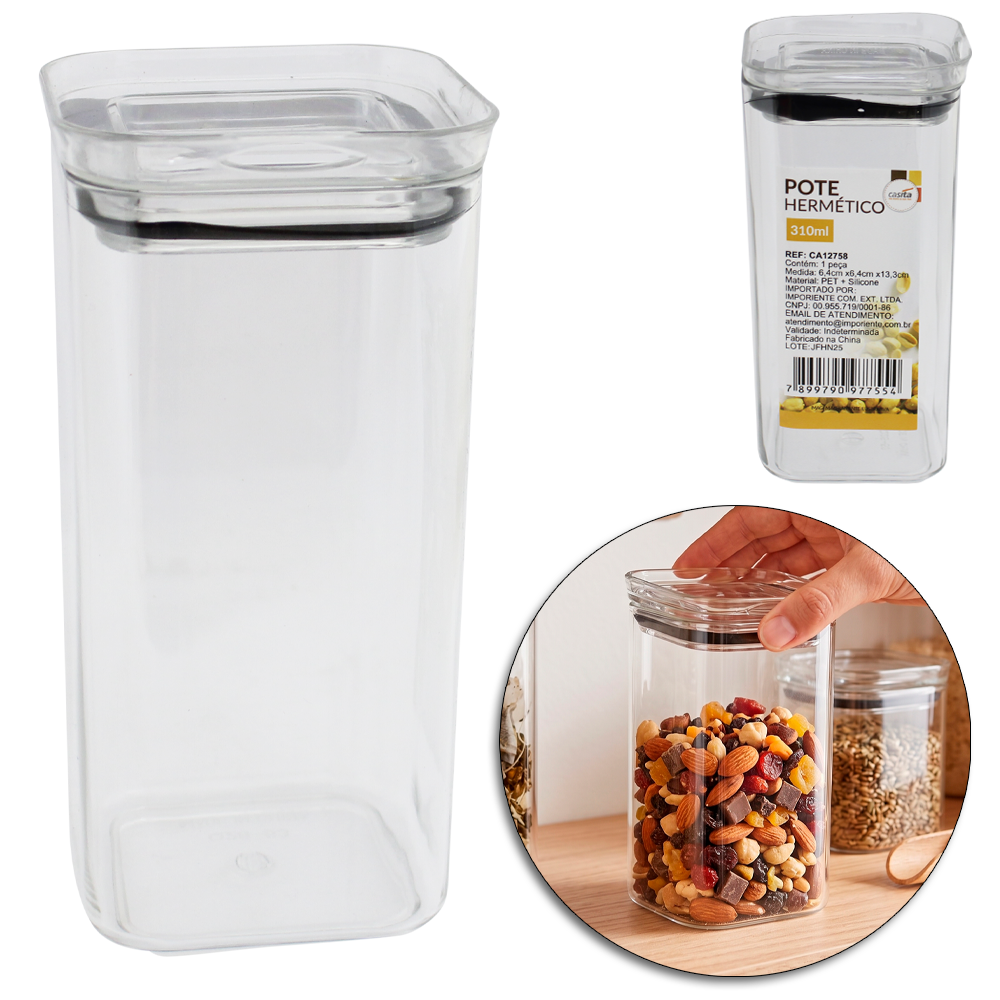POTE DE PLASTICO PET FLEXIVEL QUADRADO EMPILHAVEL COM TAMPA HERMETICA 310ML