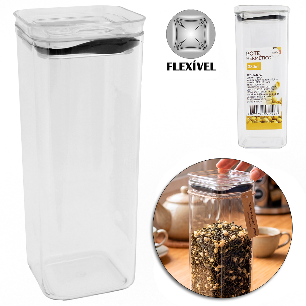 POTE DE PLASTICO PET FLEXIVEL QUADRADO EMPILHAVEL COM TAMPA HERMETICA 380ML
