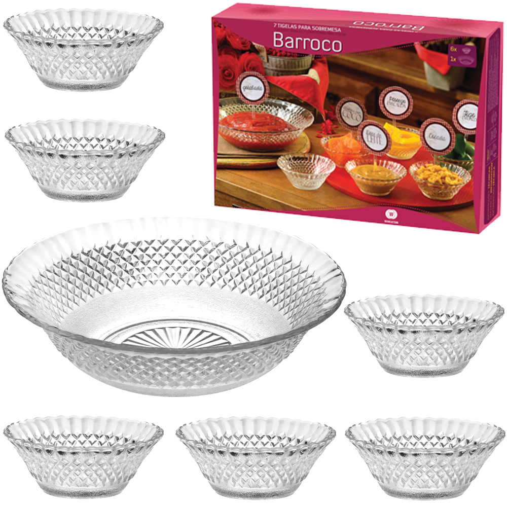 JOGO DE TIGELA DE VIDRO REDONDA PARA SOBREMESA BARROCO COM 7 PECAS 1480/200ML