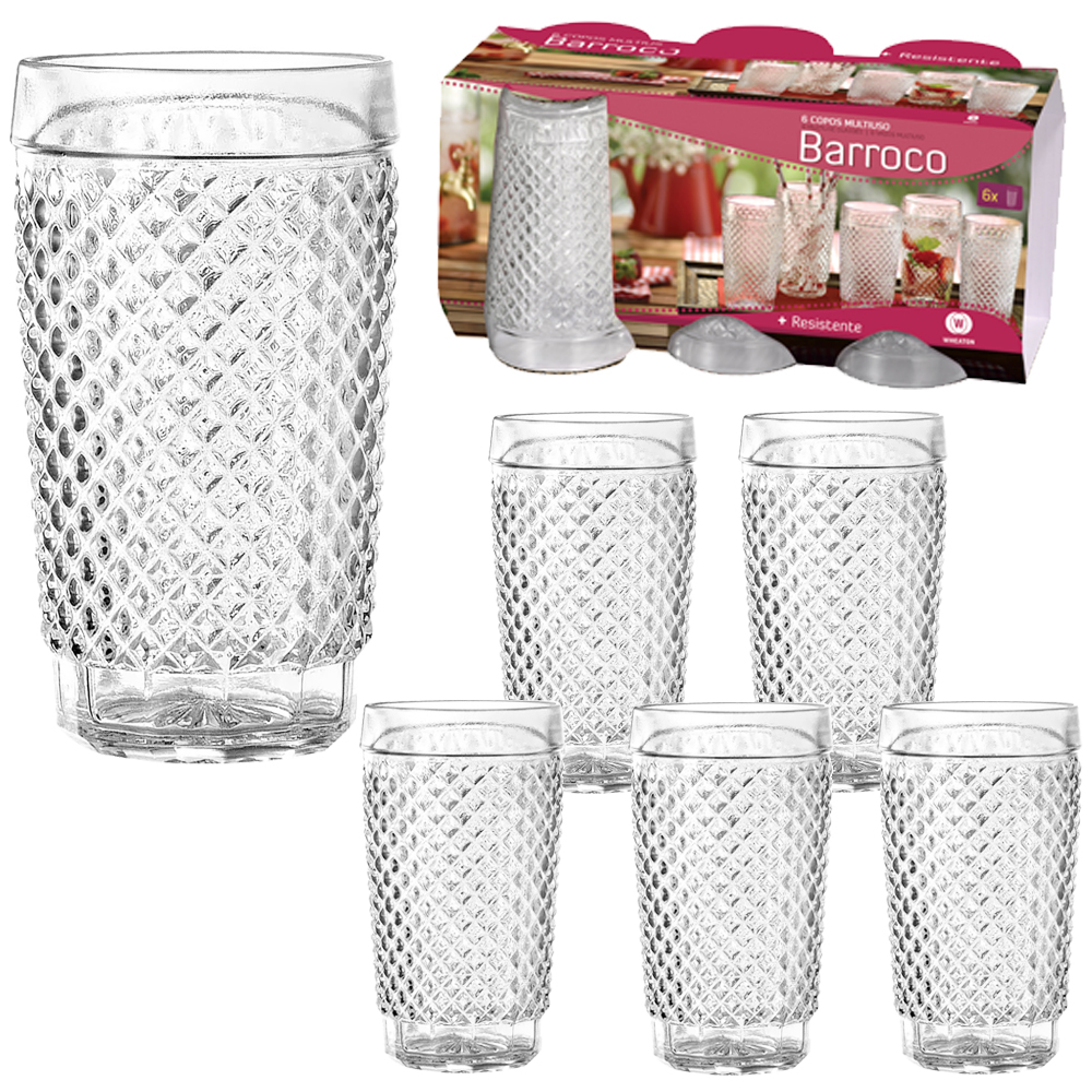 JOGO DE COPO DE VIDRO BARROCO COM 6 PECAS 250ML