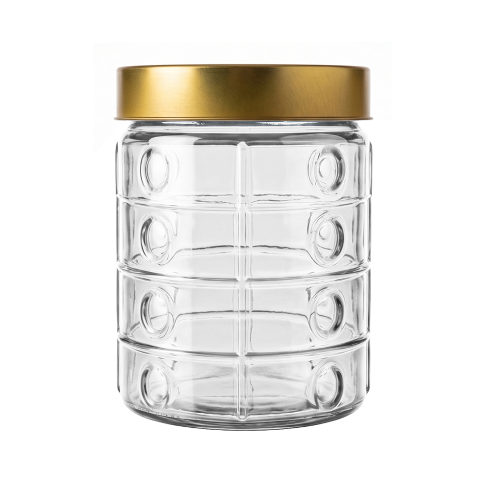 POTE DE VIDRO REDONDO QUADRICULADO COM TAMPA DE METAL METALIZADO DOURADO 1,5L