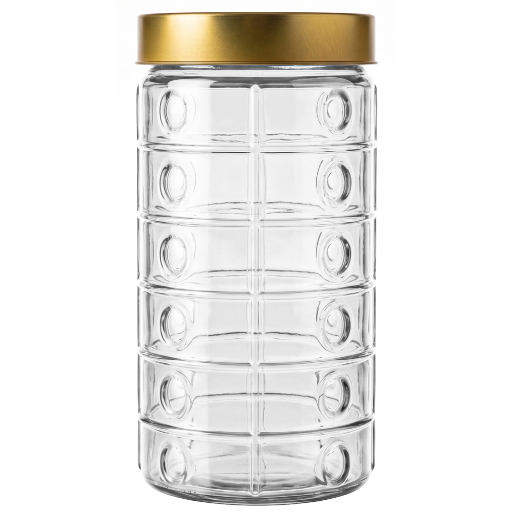 POTE DE VIDRO REDONDO QUADRICULADO COM TAMPA DE METAL METALIZADO DOURADO 2L