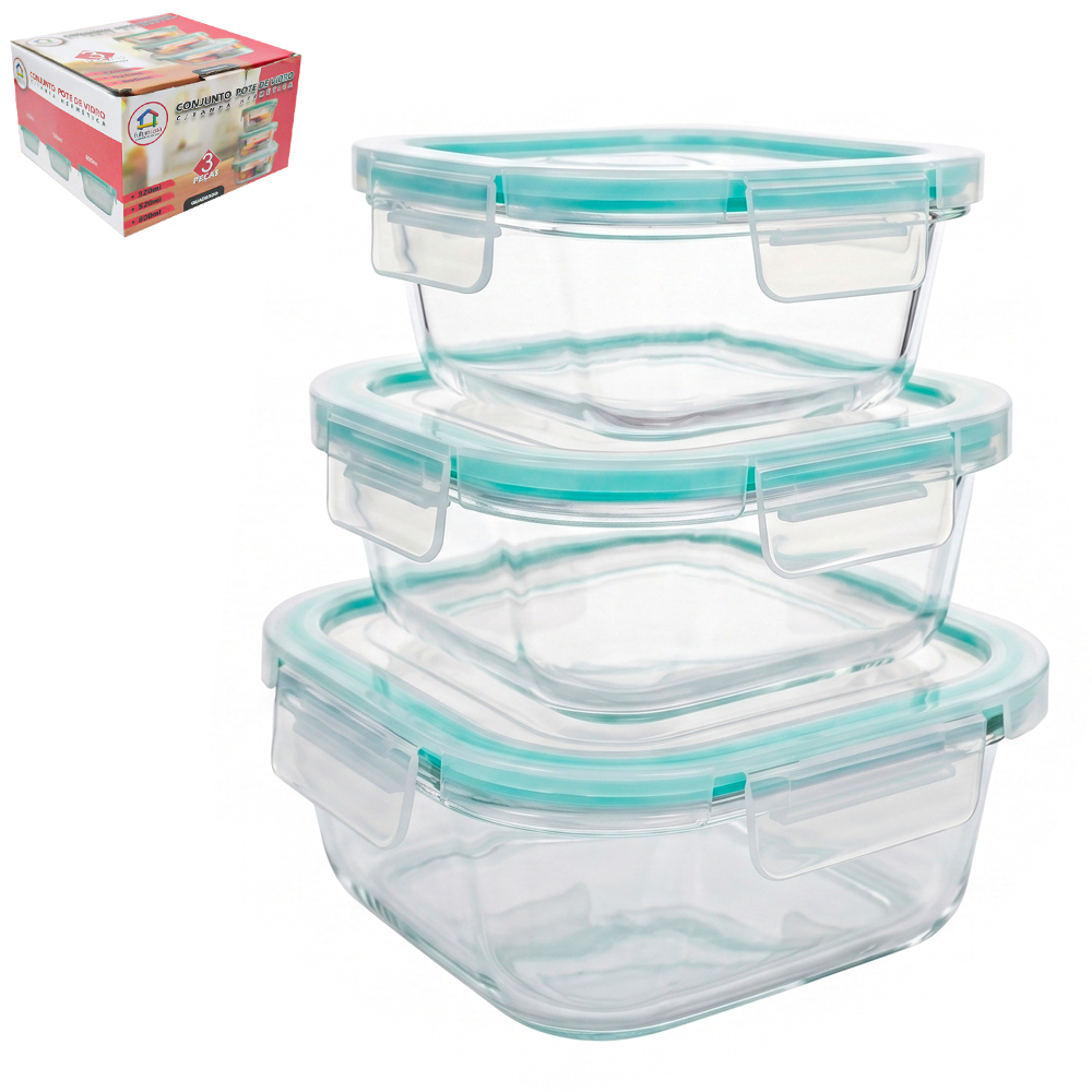 CONJUNTO DE POTE DE VIDRO BOROSSILICATO QUADRADO COM TAMPA HERMETICA E TRAVA 3 PECAS 800/520/320ML
