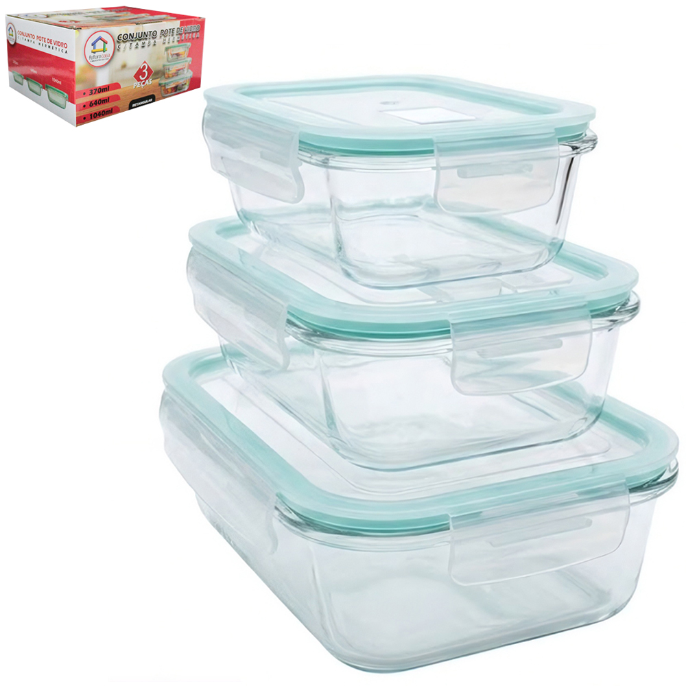 CONJUNTO DE POTE DE VIDRO BOROSSILICATO RETANGULAR COM TAMPA HERMETICA E TRAVA 3 PECAS 1040/640/370ML