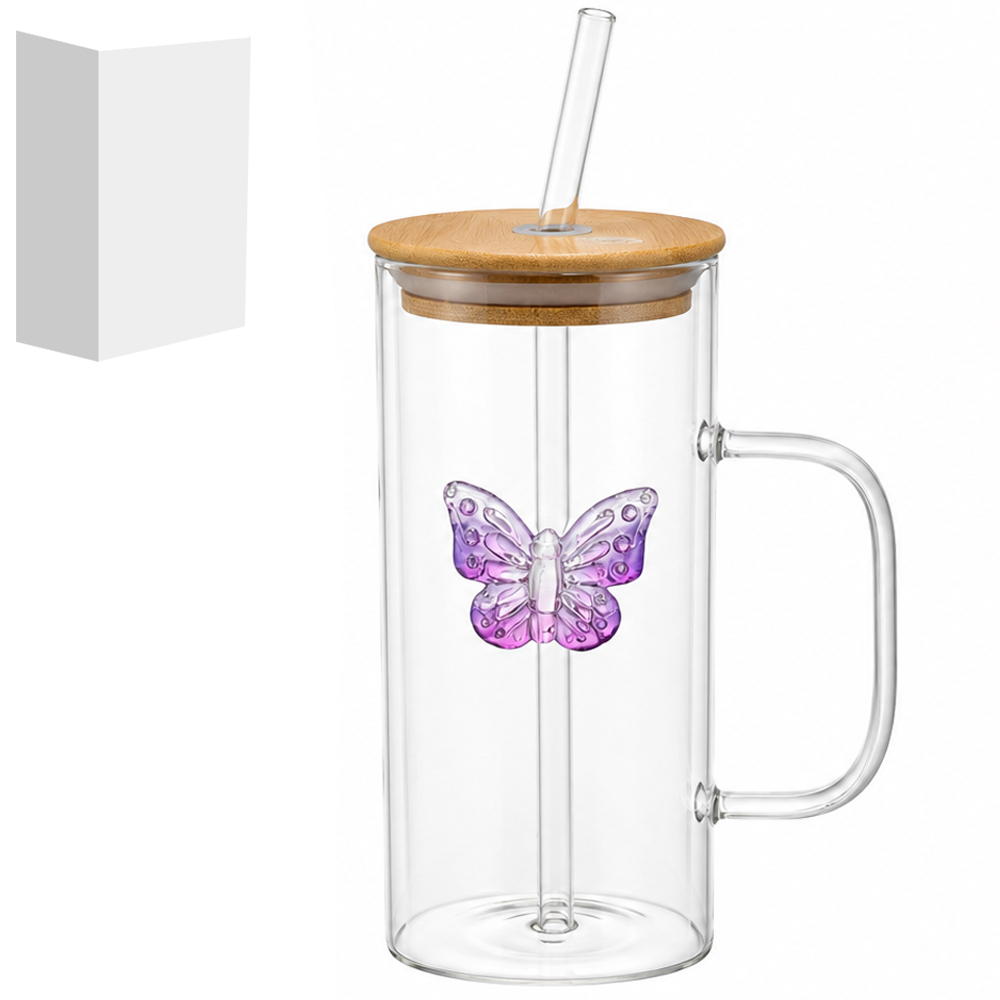 CANECA DE VIDRO BOROSSILICATO QUADRADA BORBOLETA COM CANUDO + TAMPA HERMETICA DE MADEIRA / BAMBU 200ML