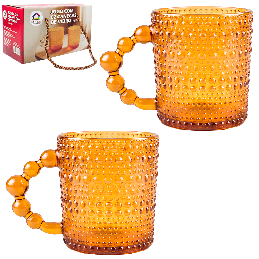 JOGO DE CANECA XICARA DE VIDRO PARA CAFE / CAPPUCCINO PEROLA AMBAR COM 2 PECAS 250ML