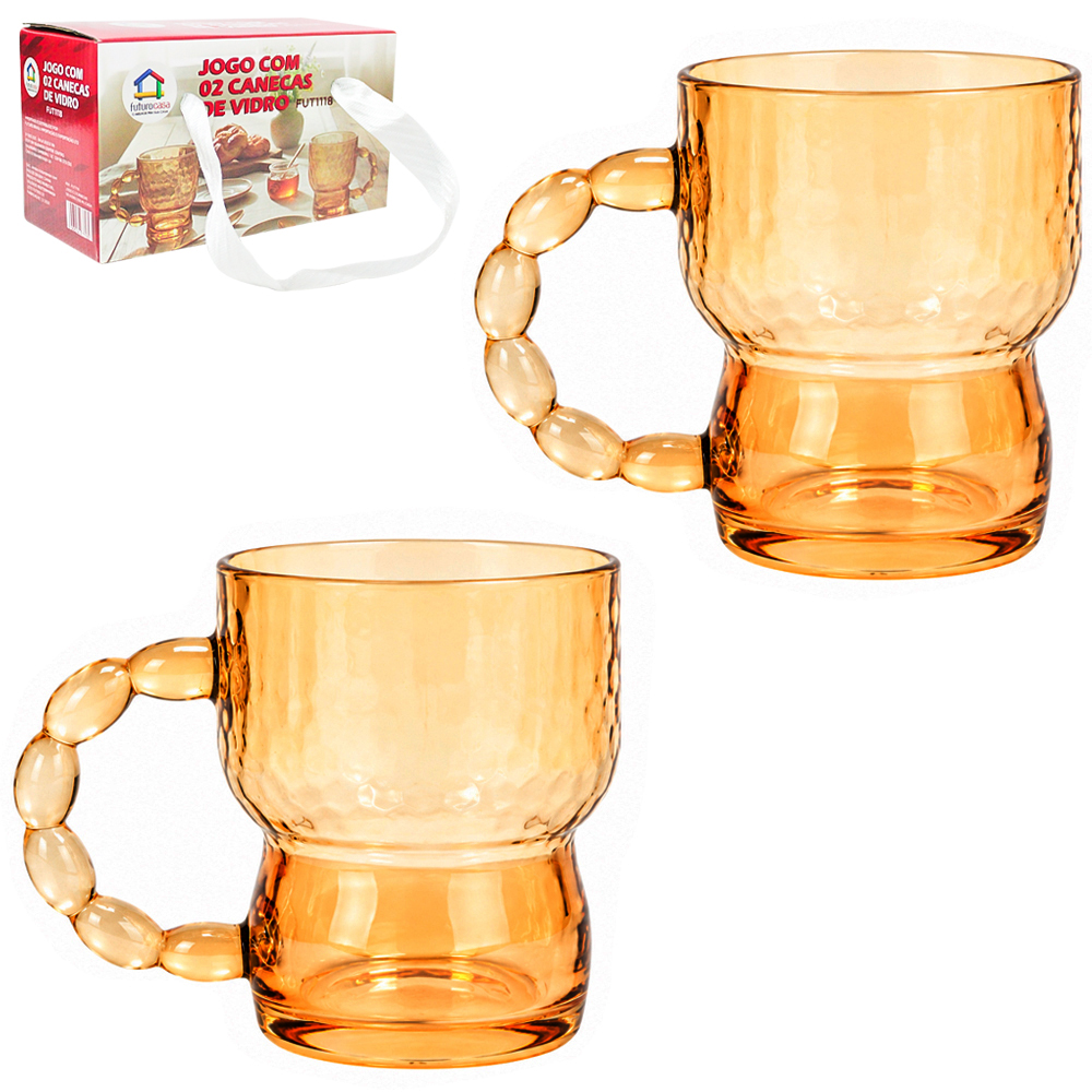 JOGO DE CANECA XICARA DE VIDRO PARA CAFE / CAPPUCCINO PEROLA AMBAR COM 2 PECAS 250ML