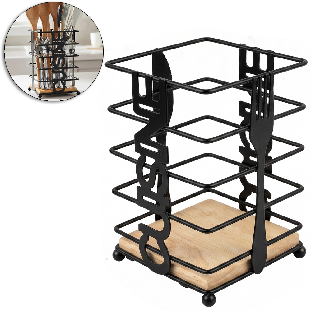 PORTA TALHER / ESCORREDOR DE TALHER ARAMADO / MADEIRA MDF QUADRADO CUSINE FACA / GARFO BLACK FACILE 16X11CM