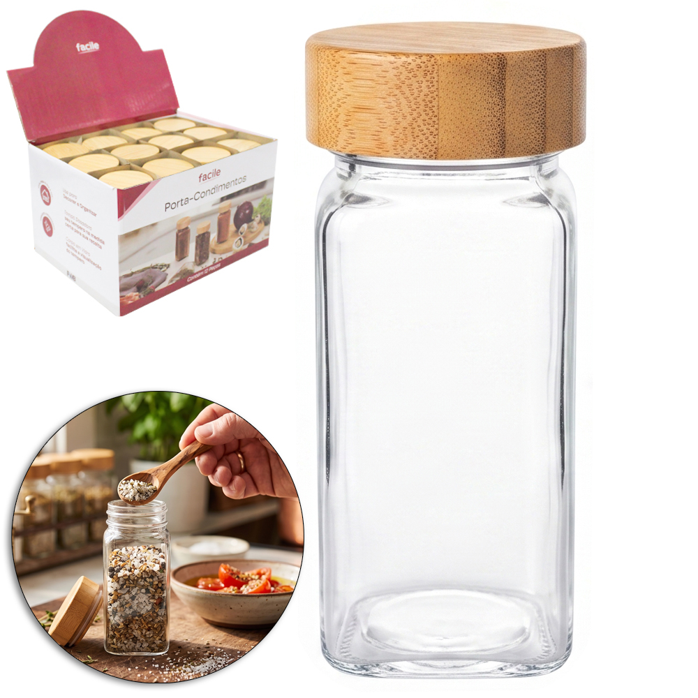 PORTA CONDIMENTO/QUEIJEIRA DE VIDRO COM TAMPA DE BAMBU FACILE 120ML DP PLAY