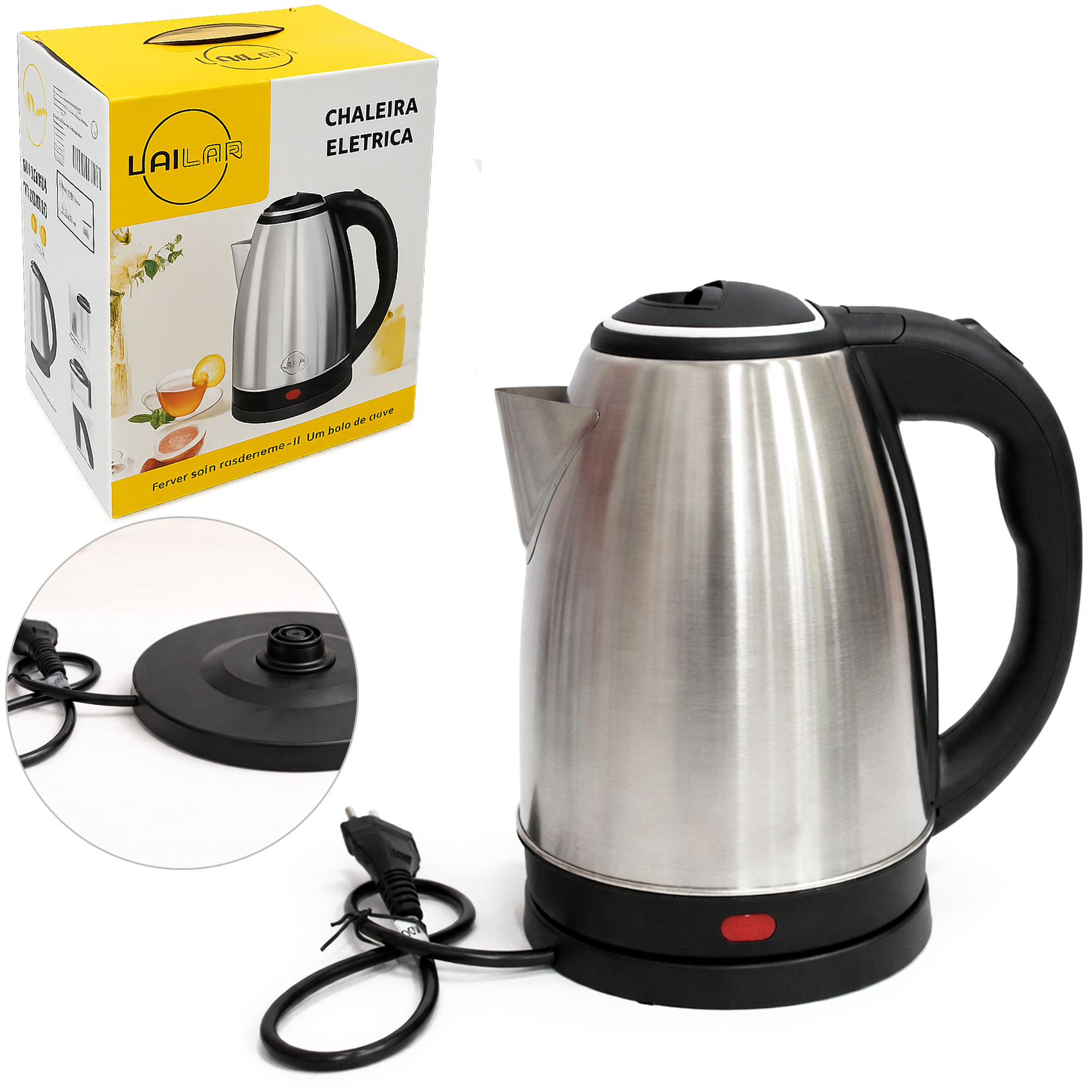CHALEIRA JARRA ELETRICA DE INOX COM BASE REMOVIVEL + ALCA E LED INDICATIVO 2L 220V 