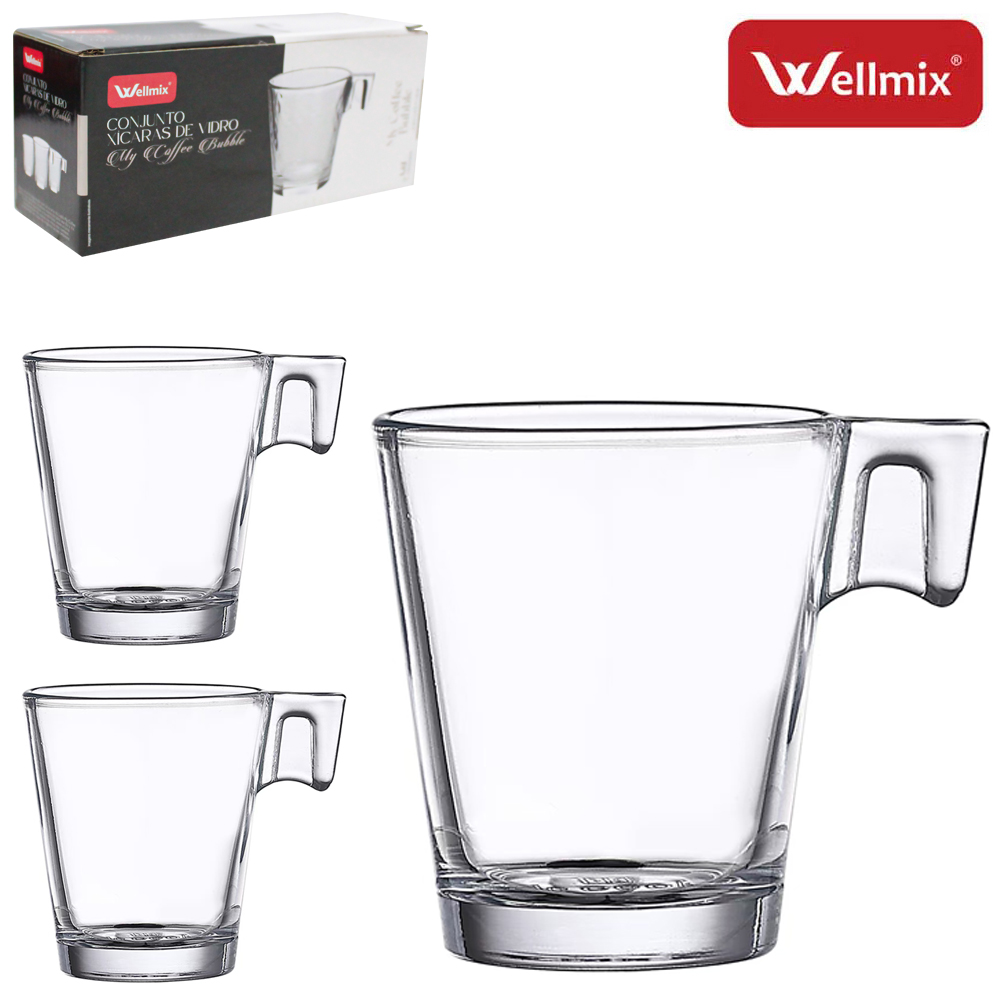 JOGO DE CANECA XICARA DE VIDRO PARA CAFE / CAPPUCCINO MY COFFEE HOOP TRANSPARENTE COM 3 PECAS 85ML