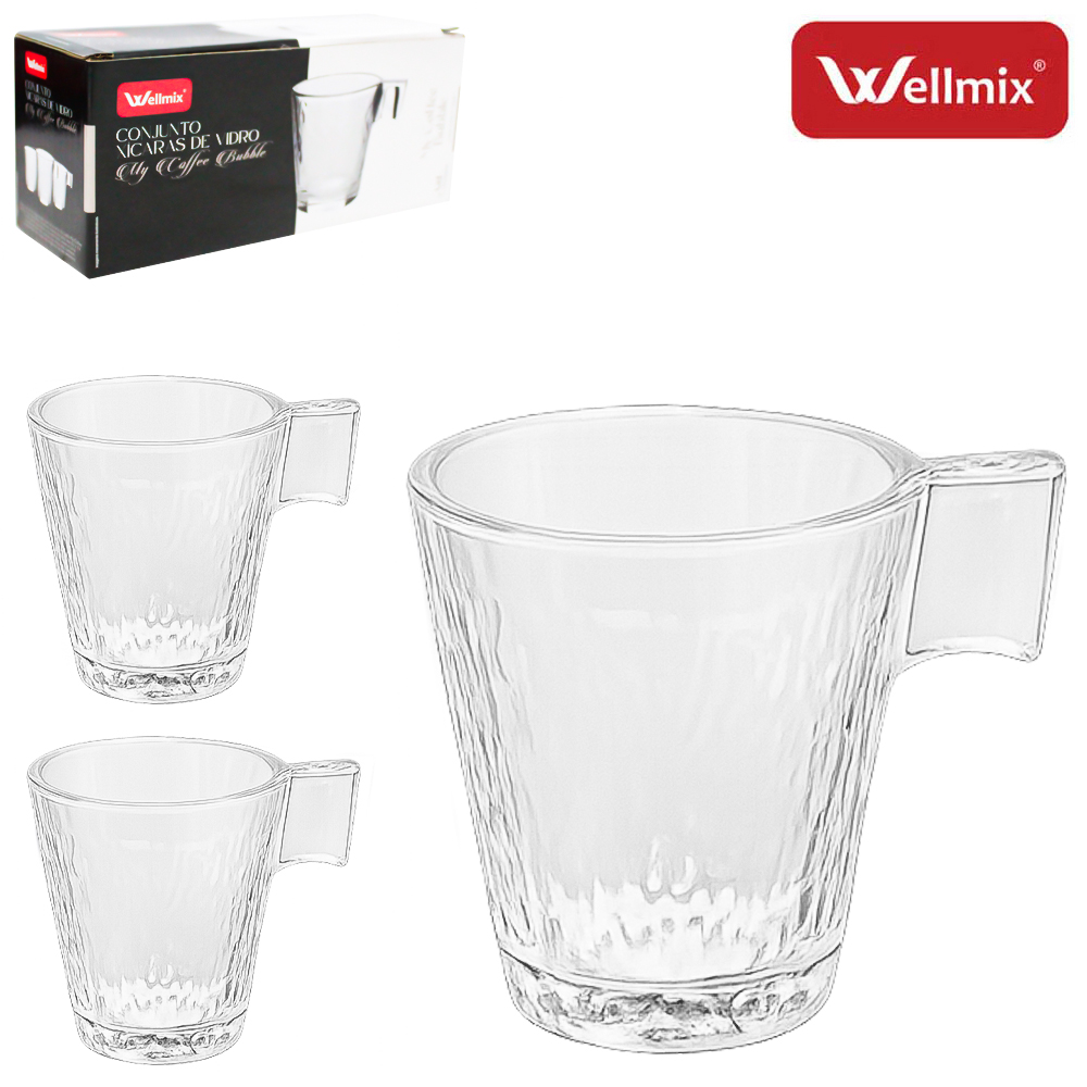 JOGO DE CANECA XICARA DE VIDRO PARA CAFE / CAPPUCCINO MY COFFEE BUBBLE TRANSPARENTE COM 3 PECAS 85ML