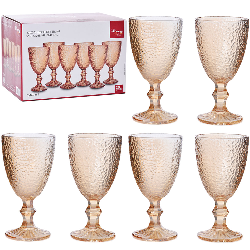 JOGO DE TACA DE VIDRO CRAQUELADO PARA AGUA / VINHO AMBAR COM 6 PECAS 340ML 