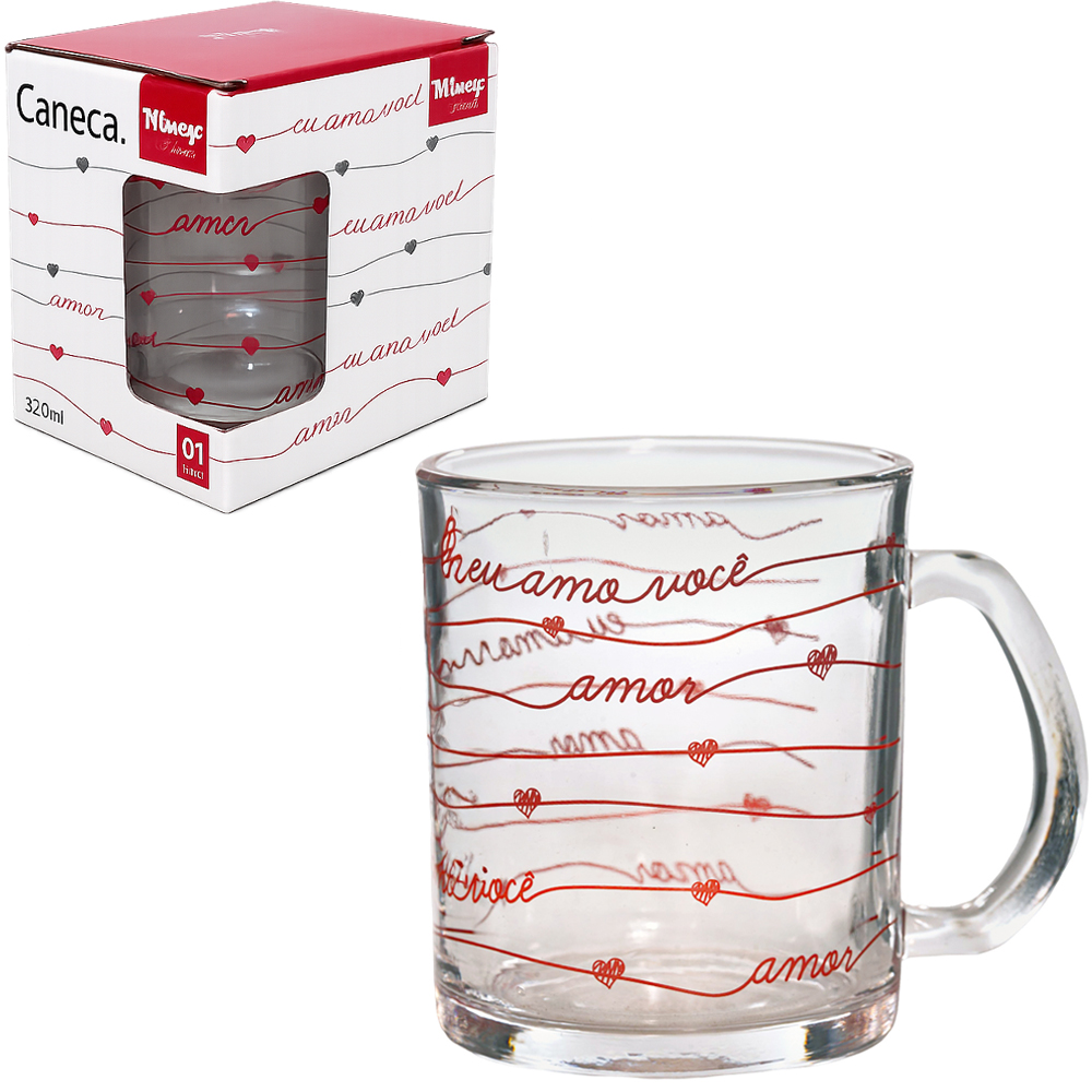 CANECA XICARA DE VIDRO CORACAO AMOR EU AMO VOCE 320ML