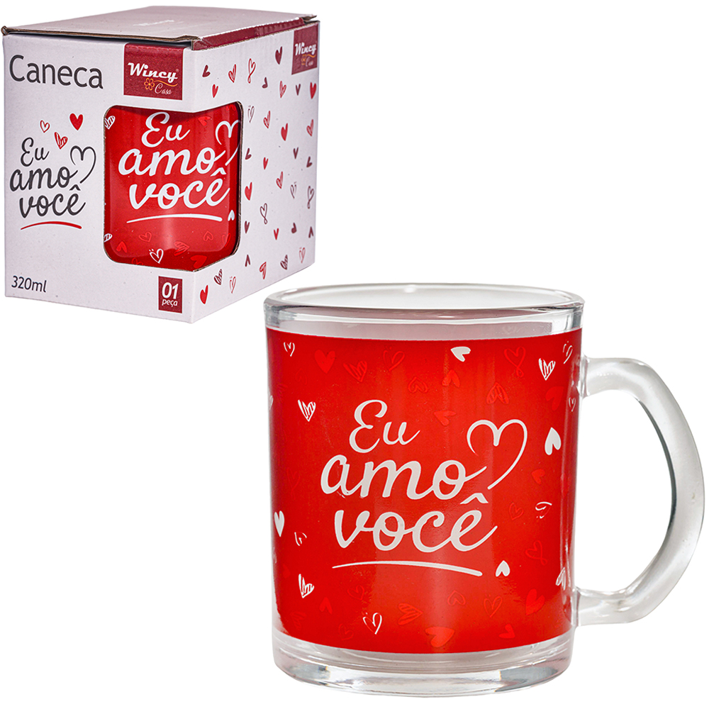 CANECA XICARA DE VIDRO IN LOVE EU AMO VOCE 320ML 