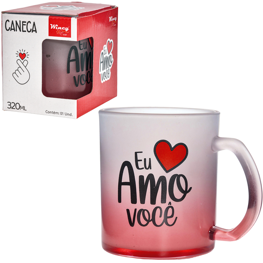 CANECA XICARA DE VIDRO FOSCO EU AMO VOCE 320ML 