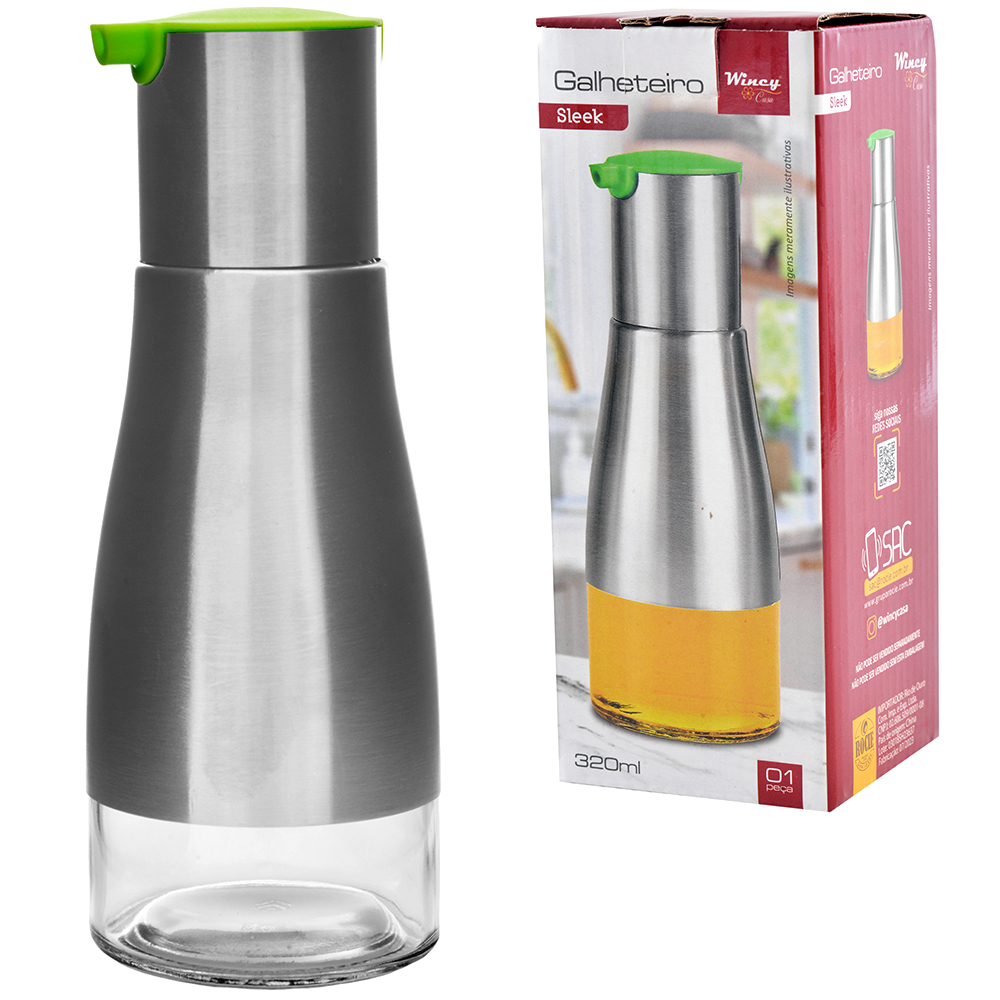 GALHETEIRO AZEITEIRO / VINAGREIRO DE VIDRO / INOX COM BICO DOSADOR DE PLASTICO SLEEK 320ML