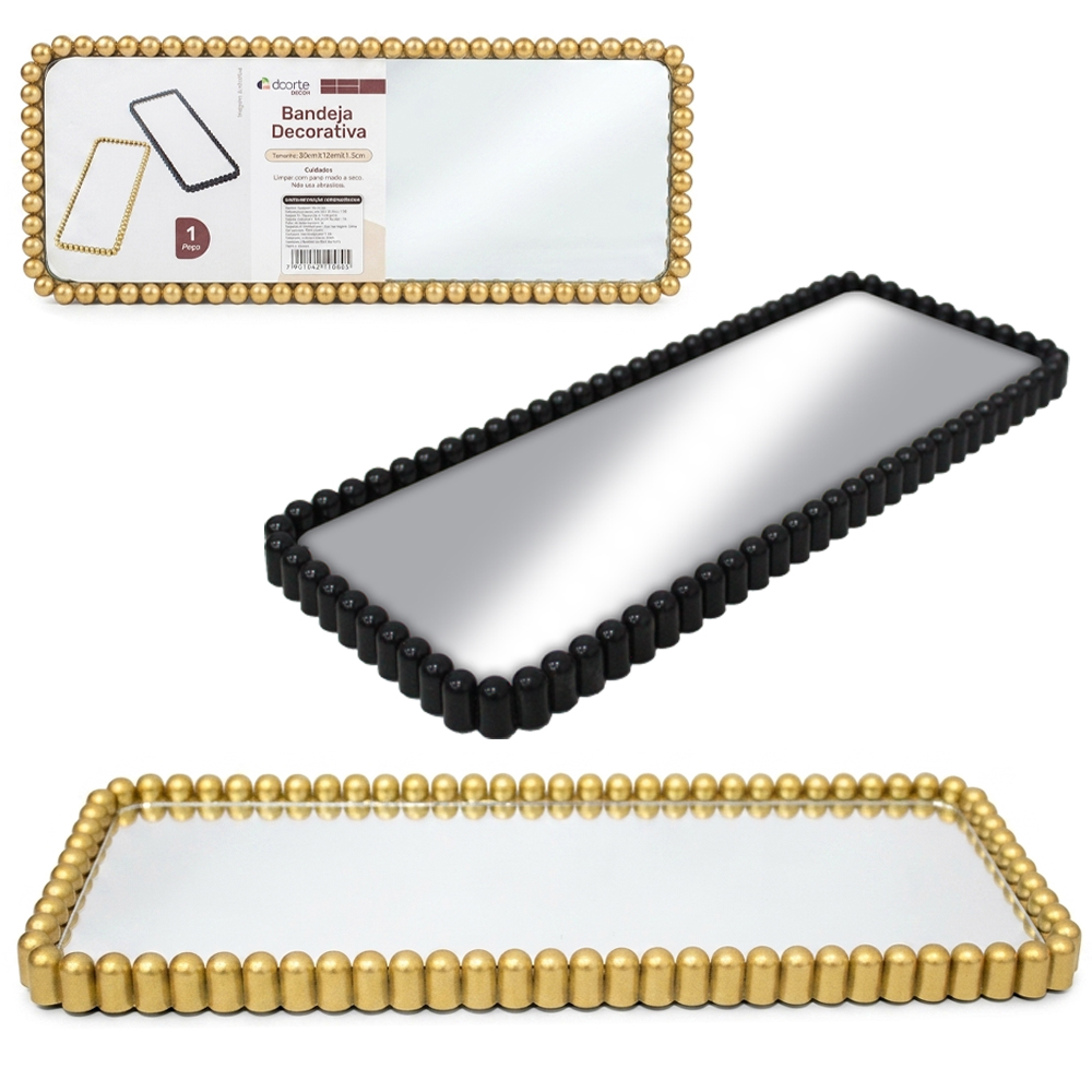 BANDEJA DE PLASTICO COM ESPELHO RETANGULAR DECORATIVA DECOR 30X12X1,5CM