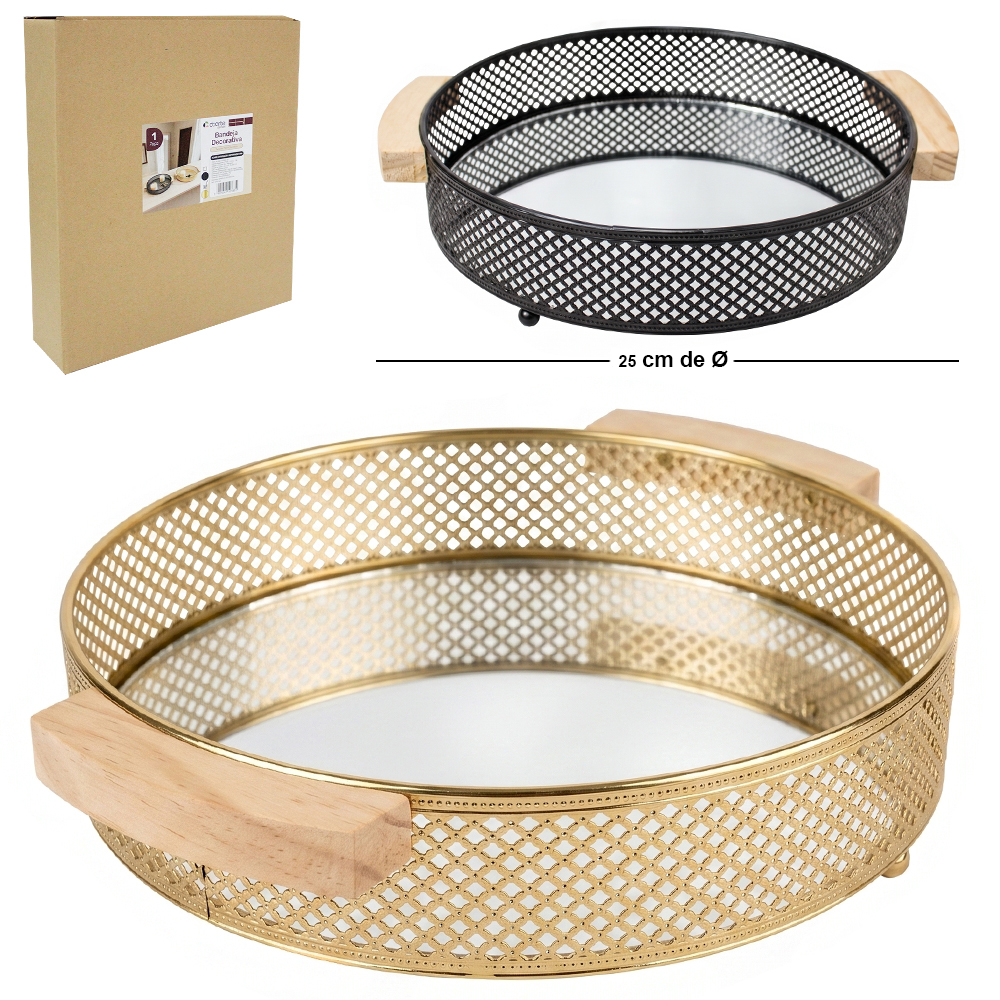 BANDEJA DE METAL COM FUNDO DE ACRILICO REDONDO + ALCA DE MADEIRA DECORATIVA DECOR 6X29X25CM DE Ø