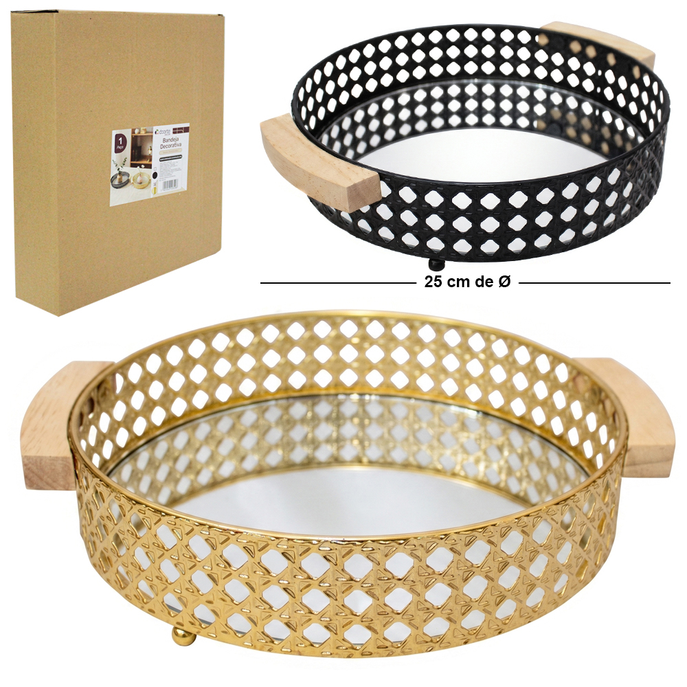 BANDEJA DE METAL COM FUNDO DE ACRILICO REDONDO + ALCA DE MADEIRA DECORATIVA DECOR 6X29X25CM DE Ø