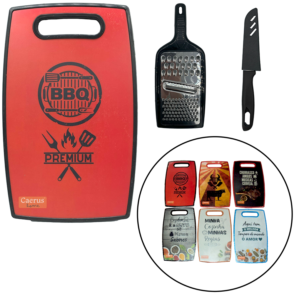  FACA 4'' COM BAINHA + RALADOR 1 FACE DE INOX E TABUA DE CORTE DE PLASTICO RETANGULAR 30X20CM