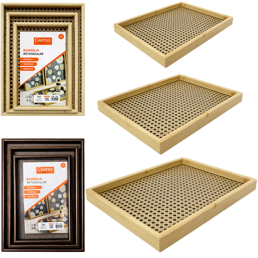BANDEJA DE MADEIRA MDF RETANGULAR DECORATIVA COM 3 PECAS 40X28 / 36X24 / 29X18CM