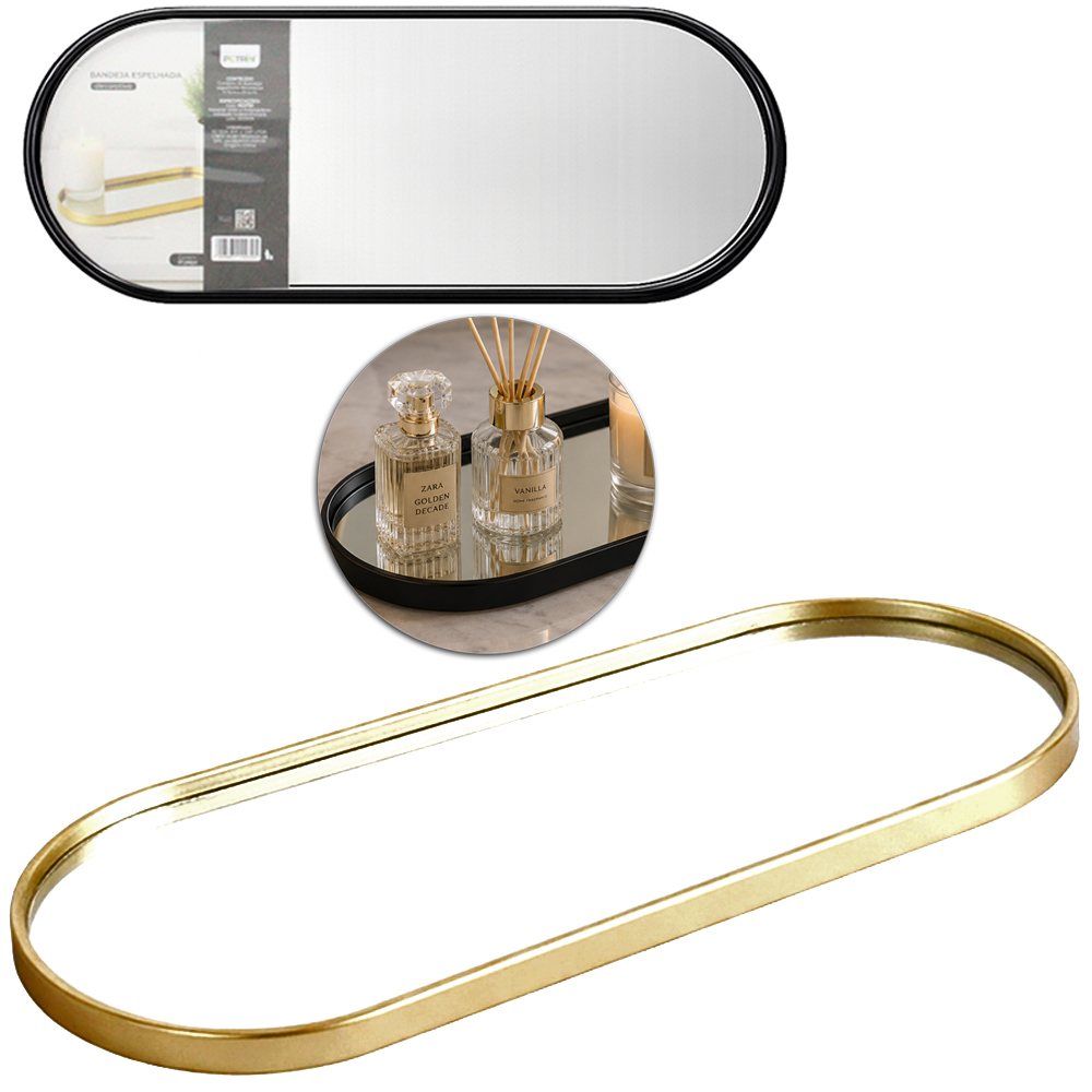 BANDEJA DE PLASTICO COM ESPELHO OVAL DECORATIVA 29,5X11,7CM
