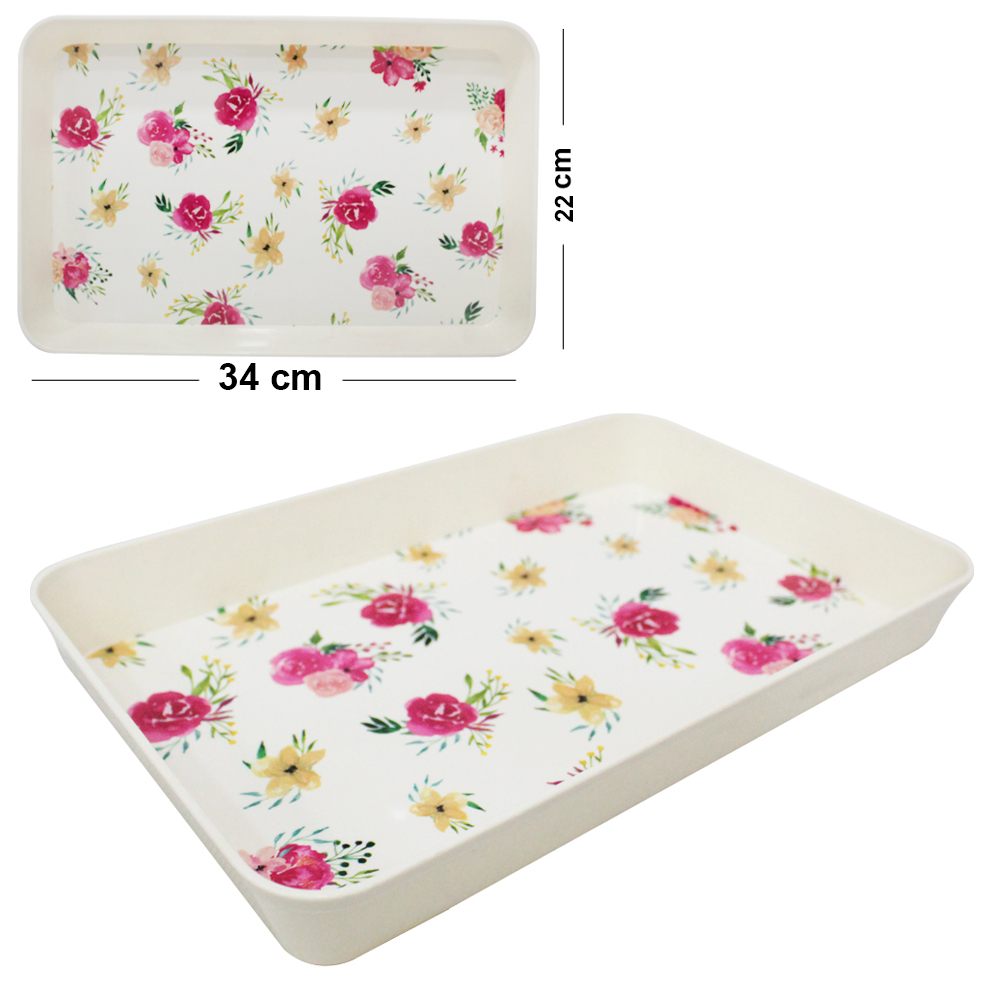 BANDEJA DE PLASTICO RETANGULAR FLORAL 34X22X4CM