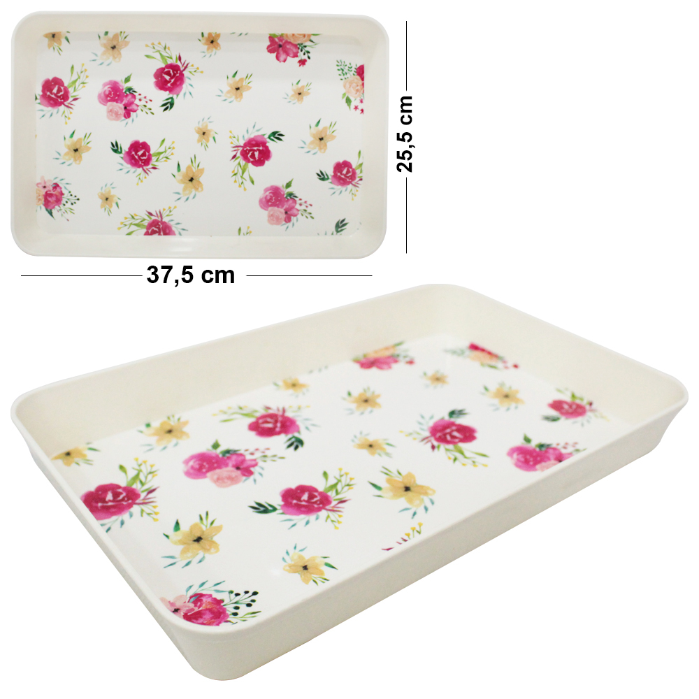 BANDEJA DE PLASTICO RETANGULAR FLORAL 37,5X25,5X4CM