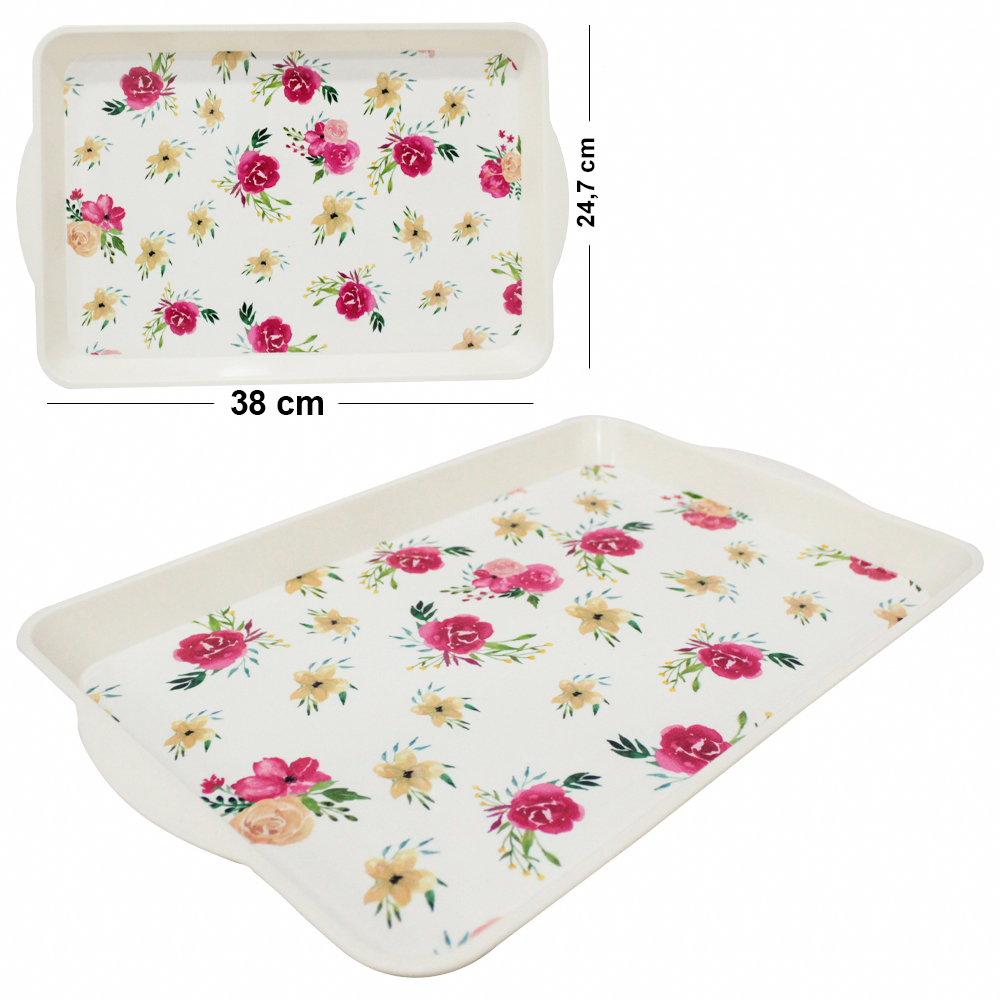 BANDEJA DE PLASTICO RETANGULAR FLORAL COM ALCA 38X24,7X2,5CM